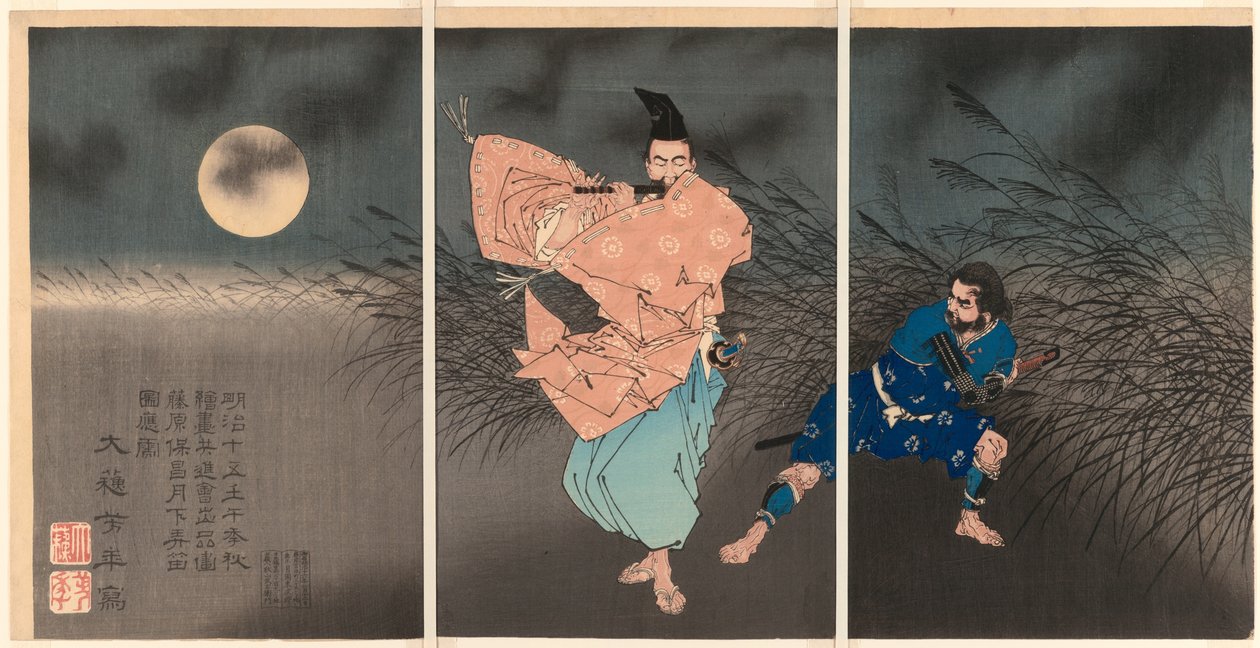 Fujiwara no Yasumasa jouant de la flûte au clair de lune - Tsukioka Yoshitoshi