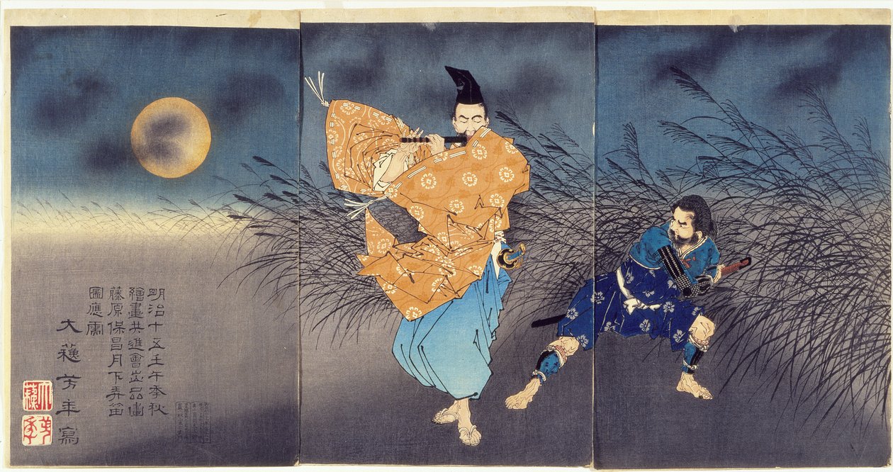 Fujiwara no Yasumasa jouant de la flûte au clair de lune - Tsukioka Yoshitoshi