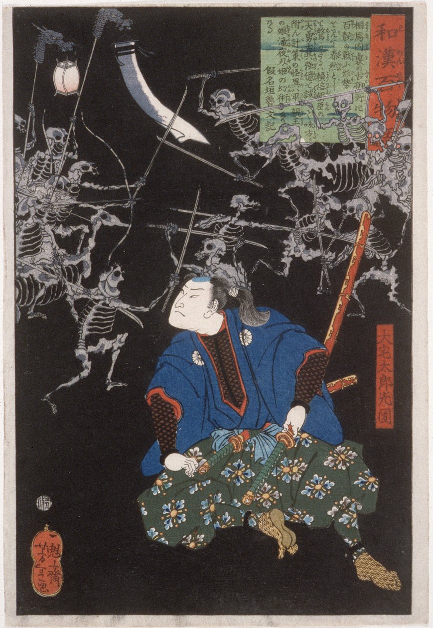 Ōya Tarō Mitsukune observant des squelettes - Tsukioka Yoshitoshi
