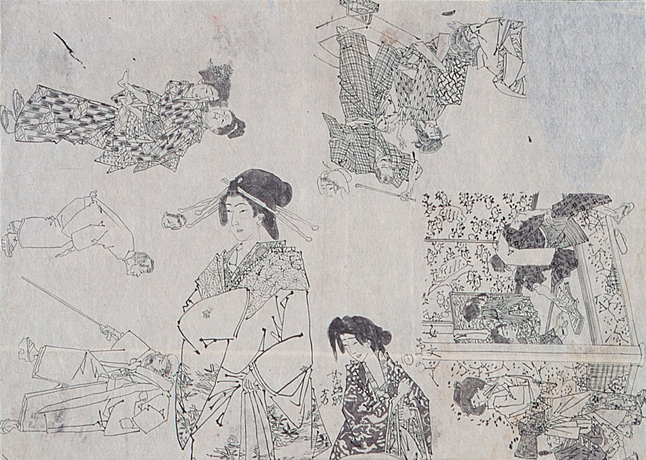 Dessins préparatoires pour des illustrations de mélodrames - Tsukioka Yoshitoshi