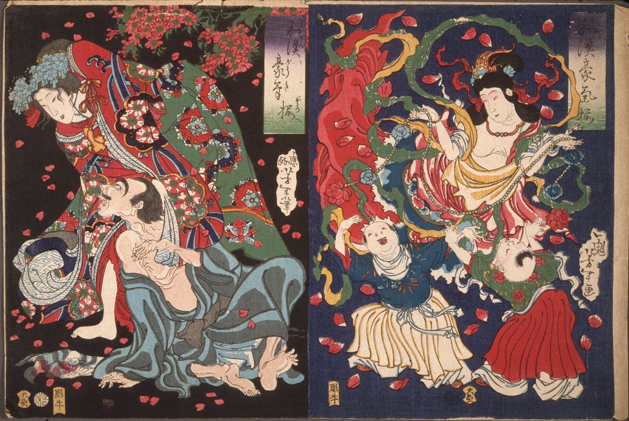 Seigen et Sakurahime ; ange avec deux enfants - Tsukioka Yoshitoshi