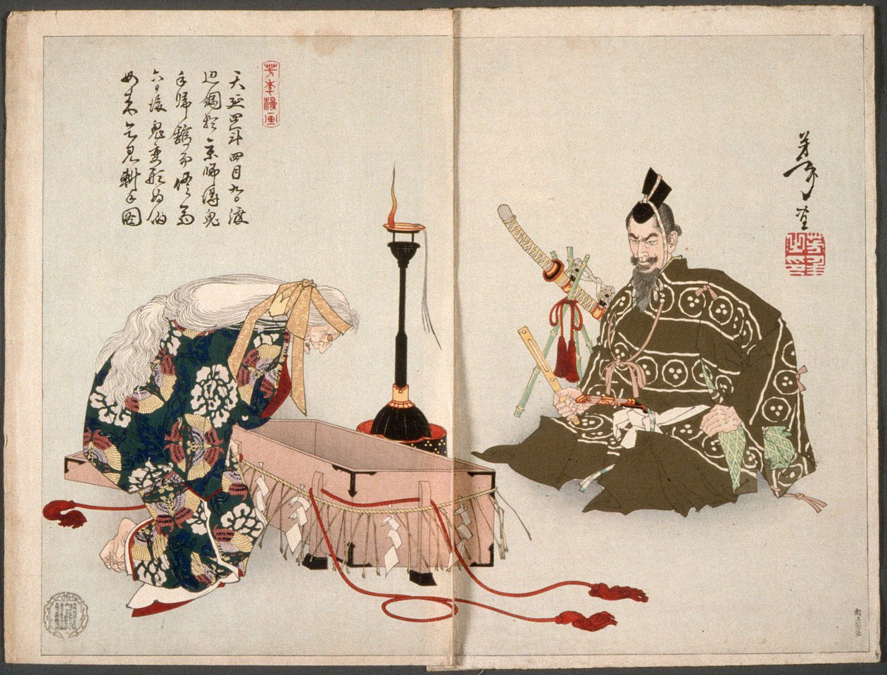 Le démon de Rashōmon rend visite à Watanabe no Tsuna, déguisé en vieille femme, pour récupérer son bras sectionné - Tsukioka Yoshitoshi