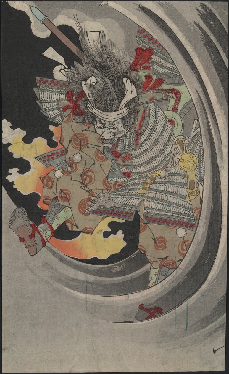 Le fantôme du général Taira no Tomomori traversant les vagues à la cascade de Nunobiki, 1889 - Tsukioka Yoshitoshi
