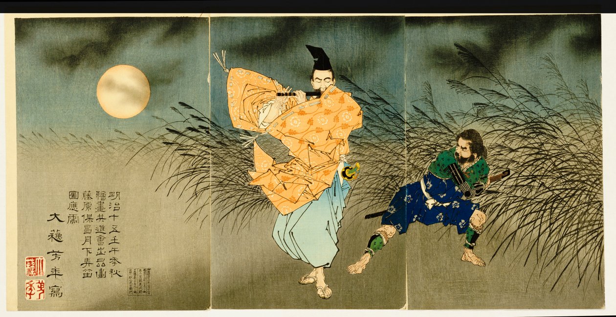 Triptyque de "Fujiwara No Yasumasa jouant de la flûte au clair de lune", 1883 - Tsukioka Yoshitoshi