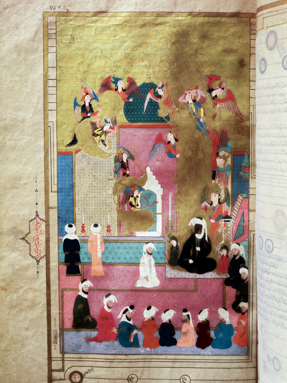 Le prophète Muhammad (570-632) (visage couvert) lors du Mirac, son ascension au septième ciel. Miniature du manuscrit « Zubdat al-Tawarikh » par l
