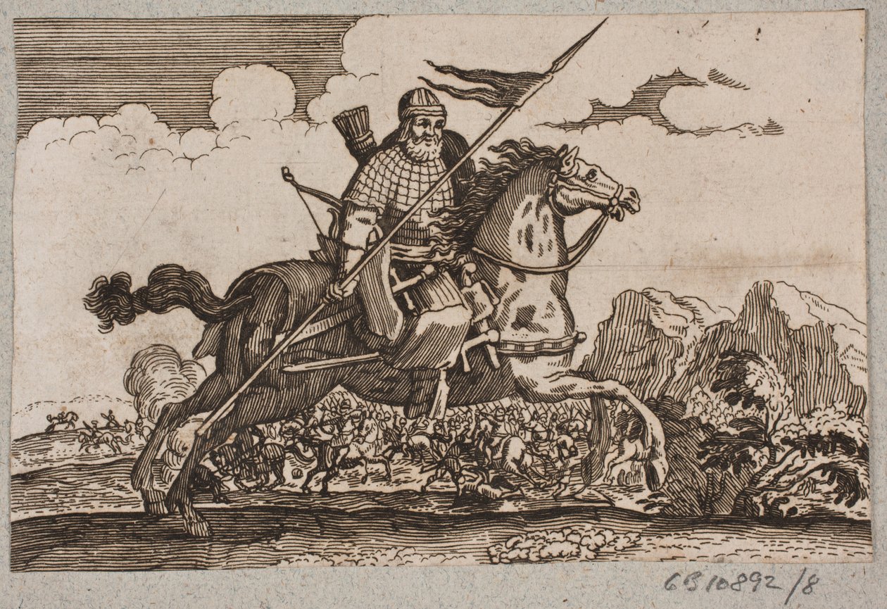 Cavalier ottoman avec lance et arc. En arrière-plan, une bataille de cavaliers - Ubekendt