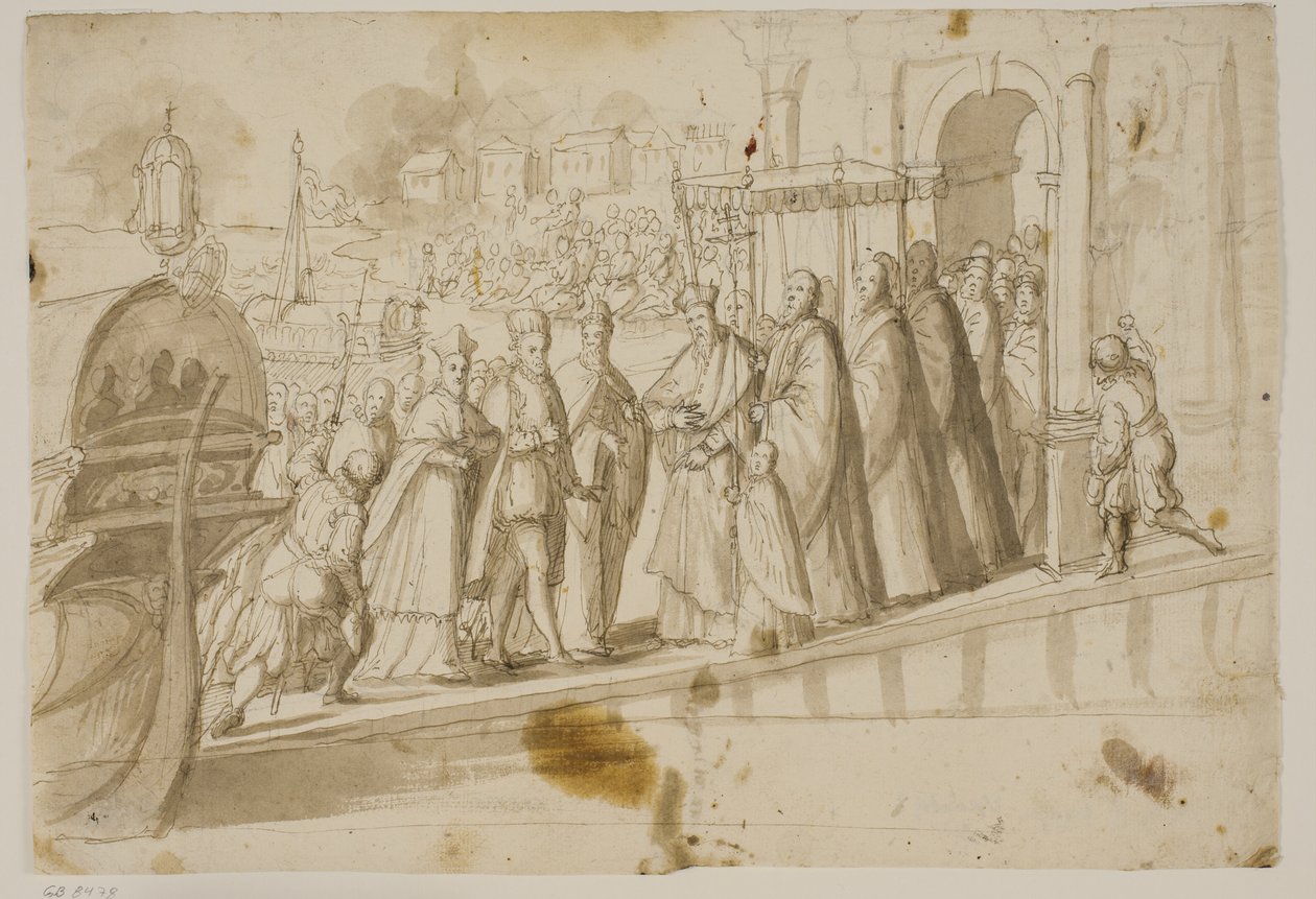 Le roi Henri III, le doge Alvise Mocenigo et le cardinal San Sisto reçus par le patriarche vénitien Giovanni Trevisan sur le Lido à Venise - Ubekendt Ubekendt