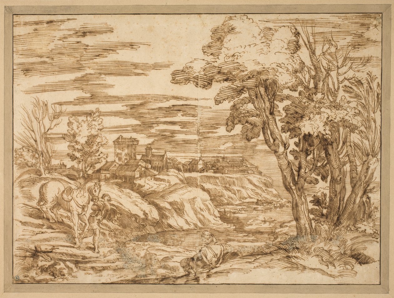 Paysage fluvial avec un homme assis avec un turban et un garçon menant un cheval au premier plan, d