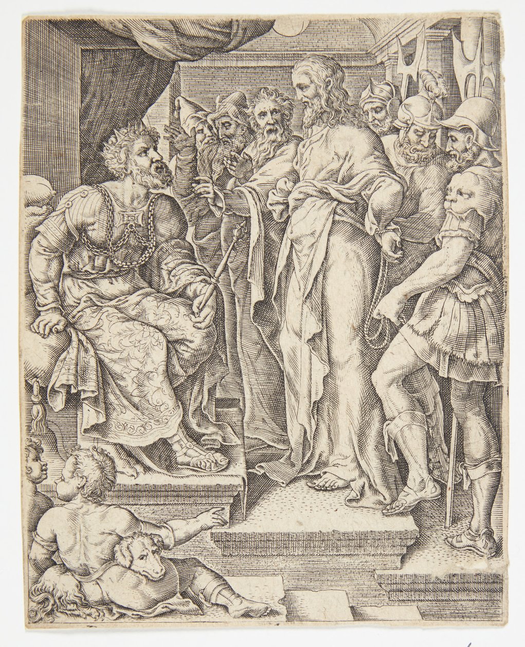 Christ devant Hérode - Ubekendt efter Dirck Volckertsz. Coornhert efter Maarten van Heemskerck