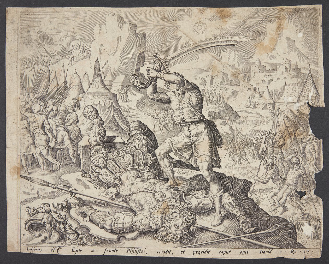 Abner présentant la tête de Goliath à David pour Saül - Ubekendt efter Maarten van Heemskerck