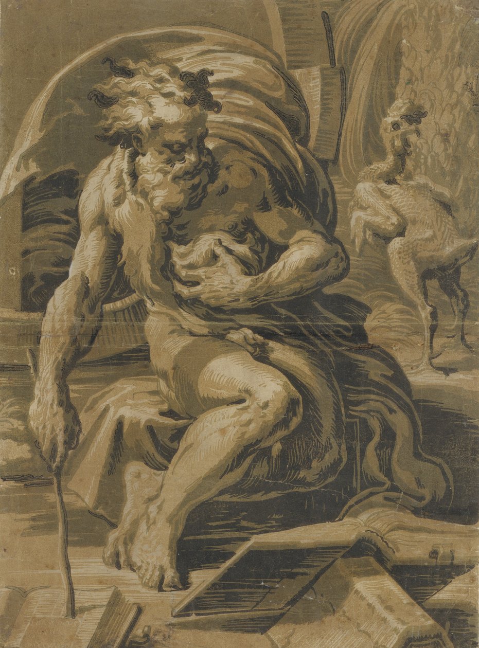 Diogène, assis devant son tonneau, lisant un livre, un coq déplumé debout derrière, vers 1527-30 - Ugo da Carpi