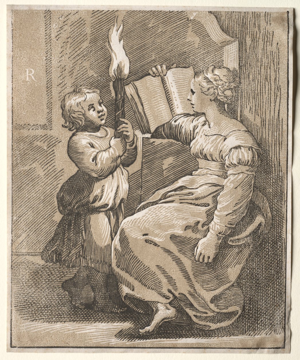 Sibylle lisant avec un enfant tenant une torche, 1518-1527 - Ugo da Carpi