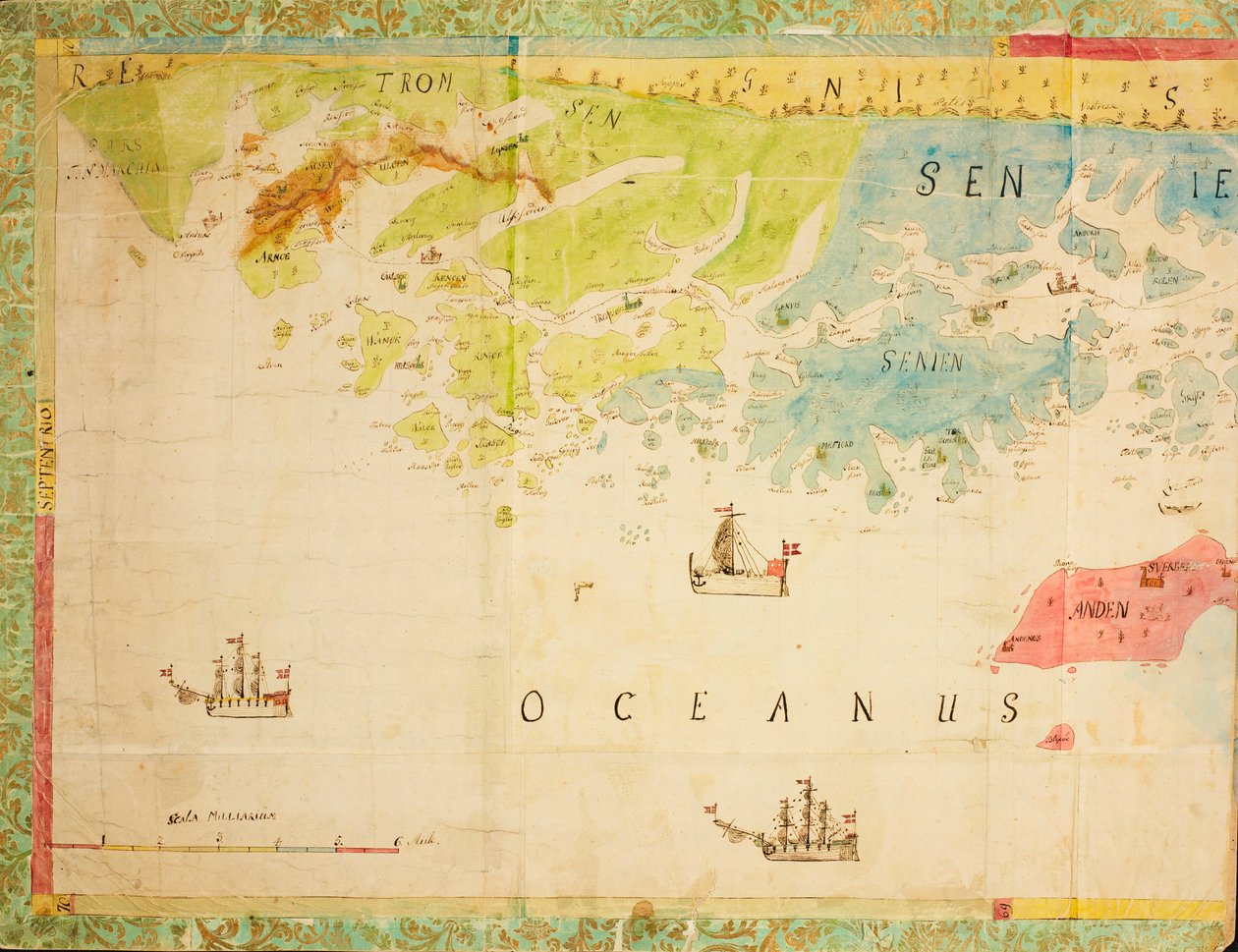 Carte de la collection de cartes de la Bibliothèque nationale. La carte a été dessinée à la main et montre Trøndelag, Nordland, Troms, la côte, carte marine - Ukjent tegner