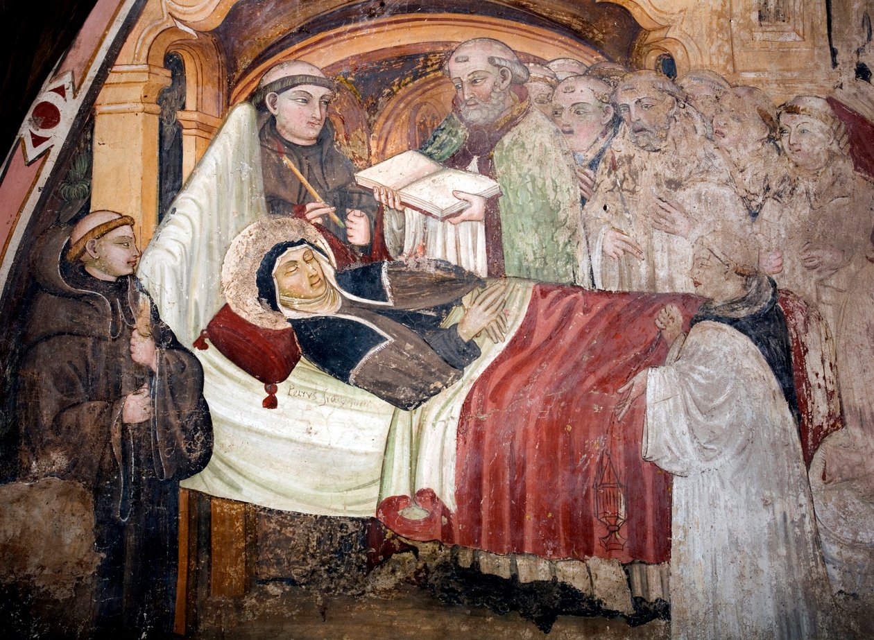 La mort de Sainte Scholastique (v. 480- v. 543), sœur de Saint Benoît de Nursie Elle est entourée de moines bénédictins. Fresque de l