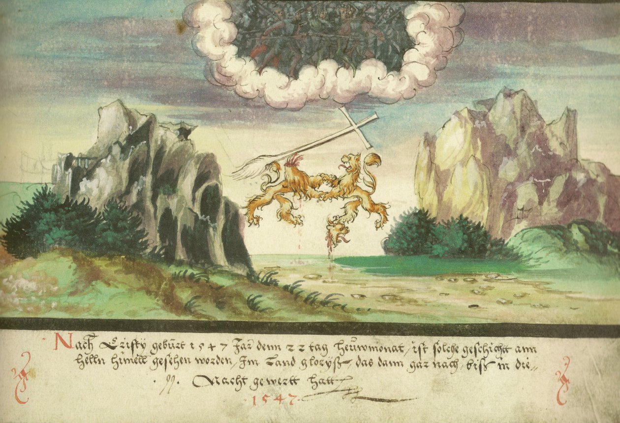 Augsburger Wunderzeichenbuch — Folio 157- Bataille céleste, lions au-dessus de Glaris - Unbekannt Unbekannt