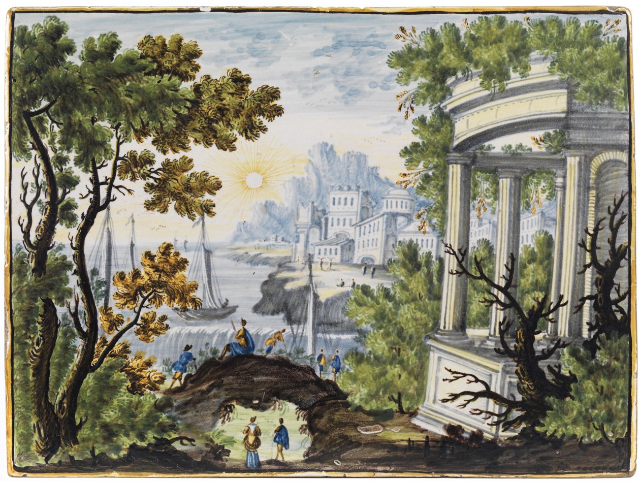 Plaque en majolique. Paysage idéal avec bâtiments de palais - Unbekannt Unbekannt
