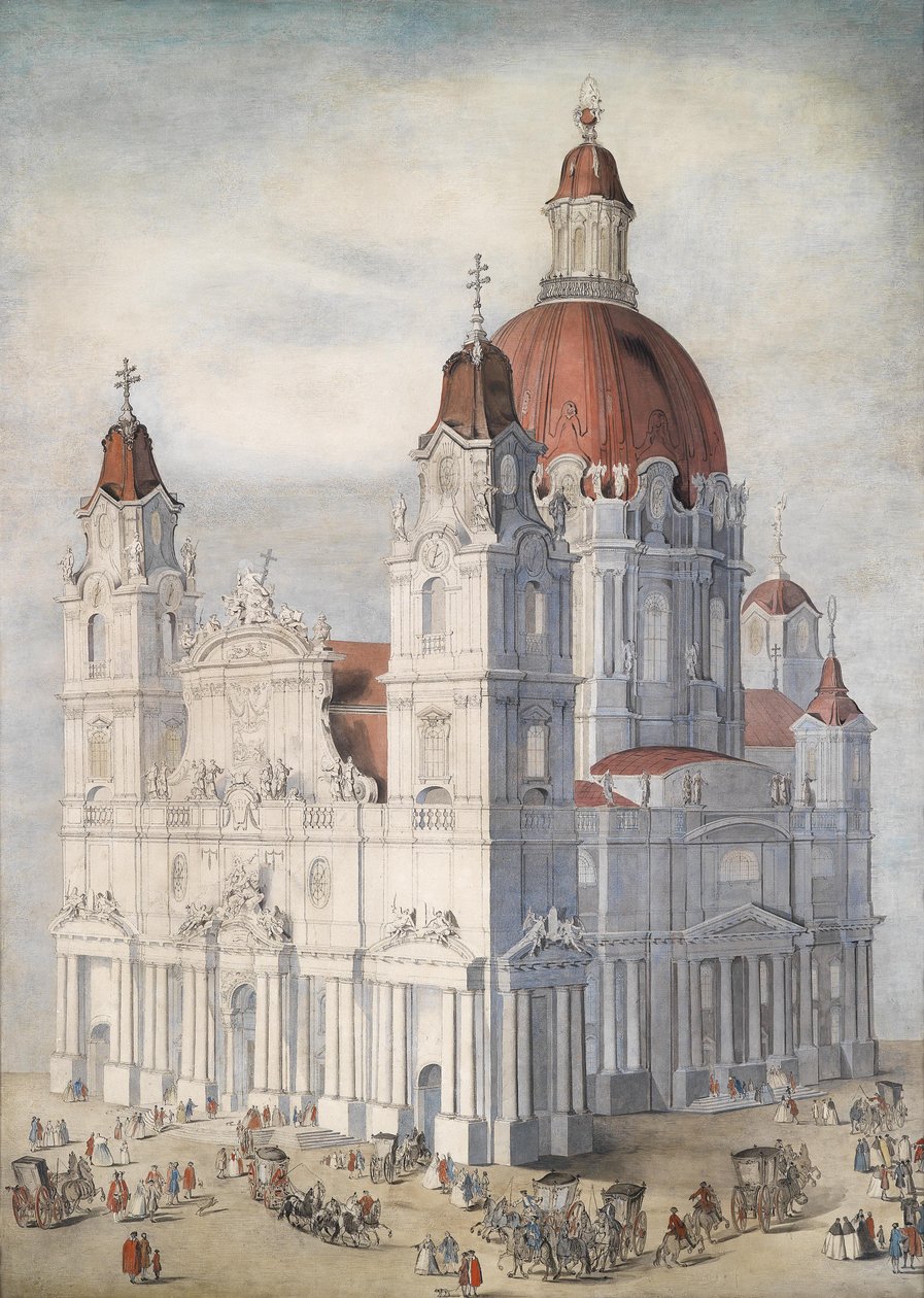 Église baroque monumentale avec des figures et des carrosses - Unbekannt Unbekannt