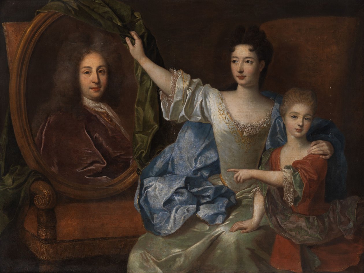 Mère et enfant à côté du portrait du père - Unbekannt Unbekannt