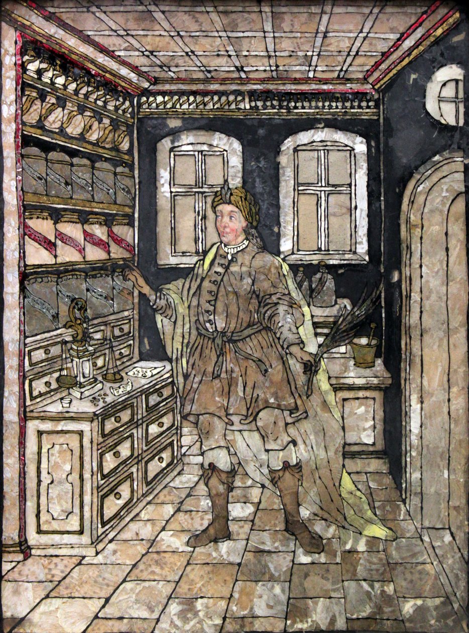 Pharmacien en costume antique dans son bureau; peinture sur gélatine, sous-tendue par des ailes de papillon - Unbekannt Unbekannt