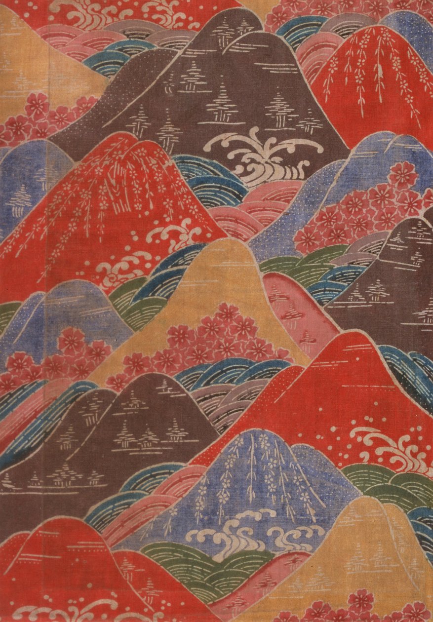 Fragment de textile Bingata - motifs de fleurs de cerisier, vagues, montagnes - Unbekannt Unbekannt