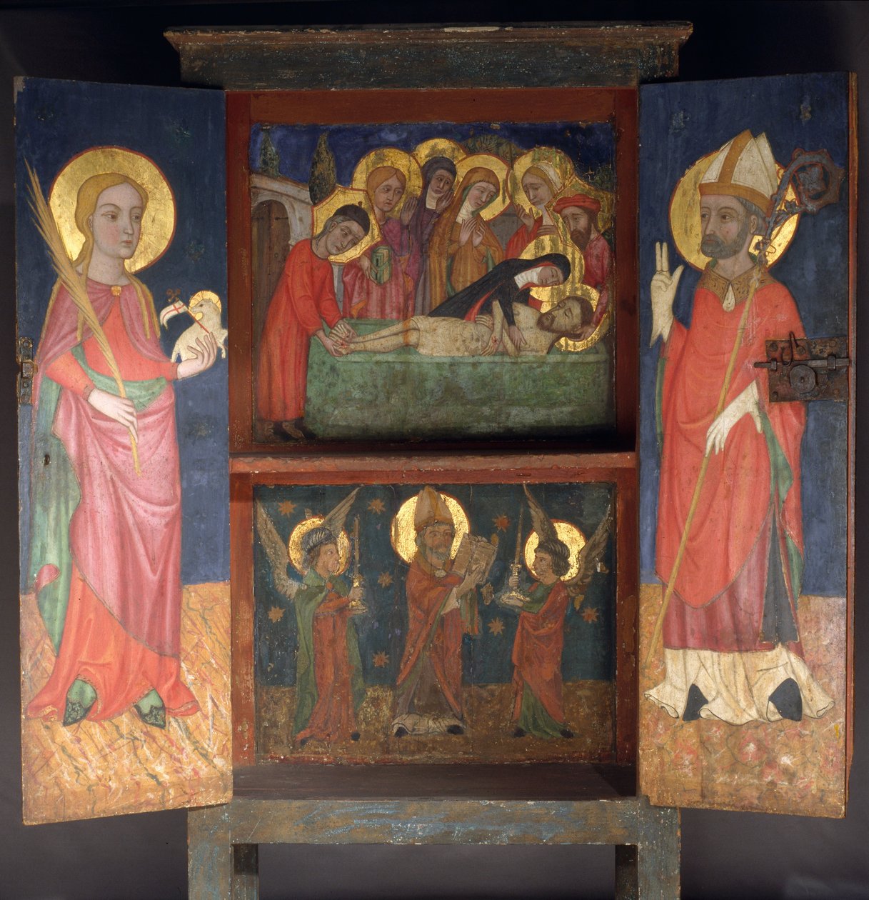 Cabinet liturgique avec la Sainte Sépulture, Sainte Agnès et un évêque saint - Unbekannt Unbekannt