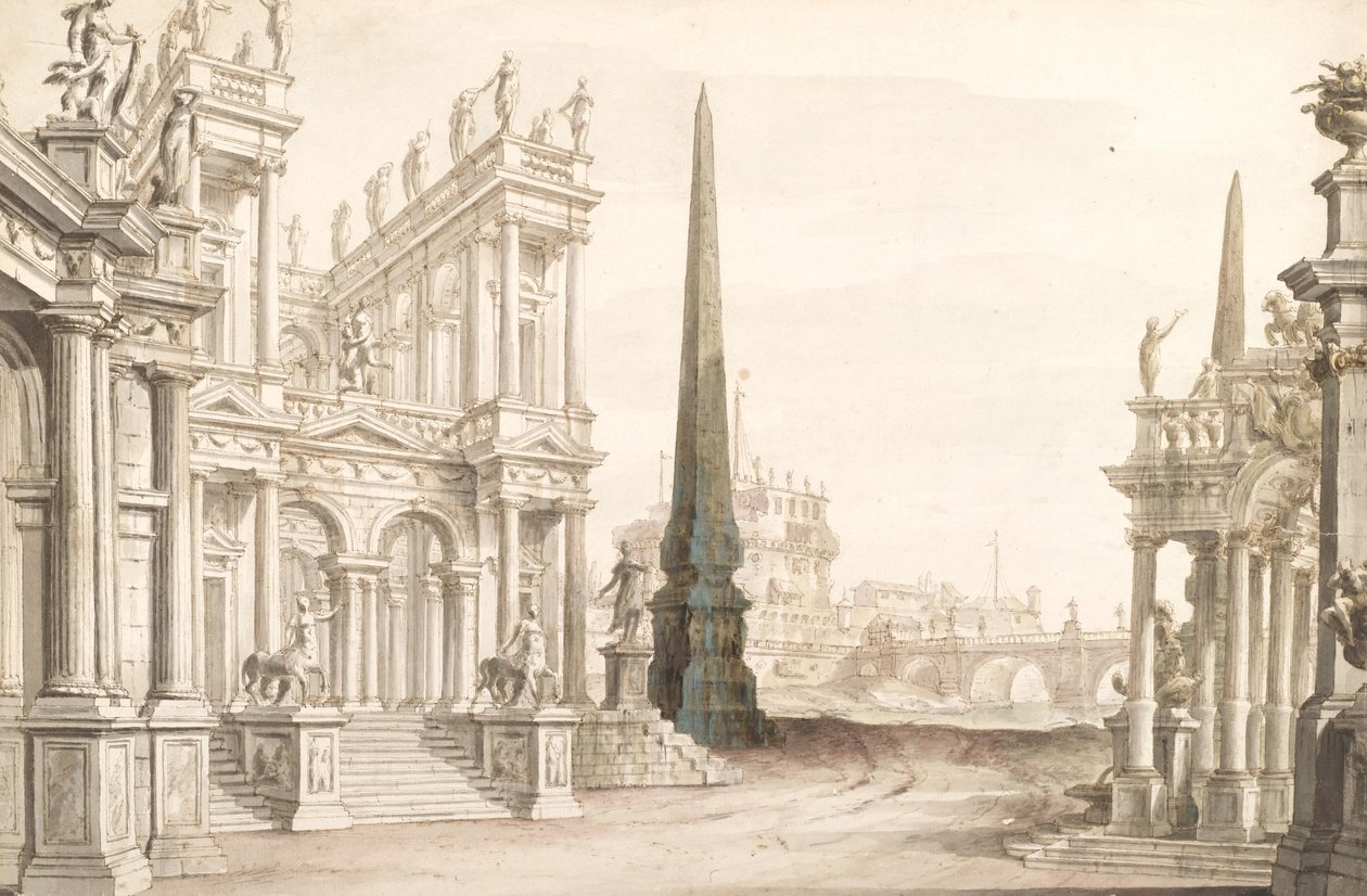 Décor de scène montrant la fantaisie de Rome avec le Castel Sant