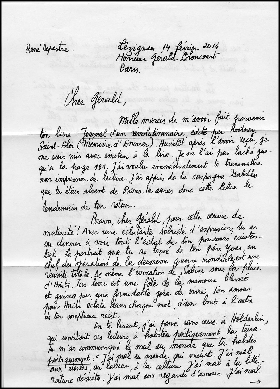 16534N LETTRES DE RENÉ DEPESTRE À PAGE 1 À PROPOS DE SON LIVRE JOURNAL D