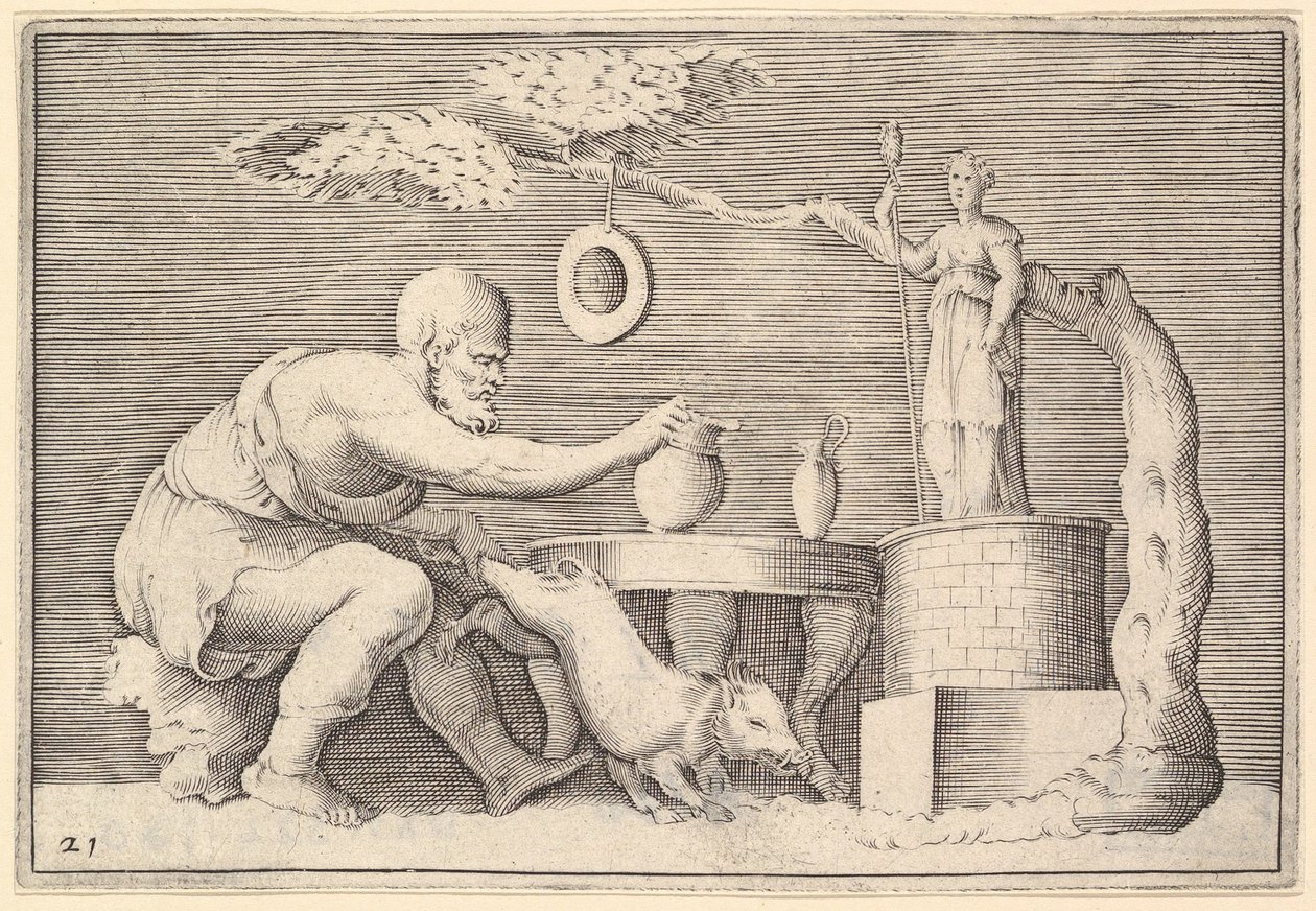 Un Faune ou Satyre préparant un cochon pour le sacrifice, publié vers 1599-1622 - Unbekannt