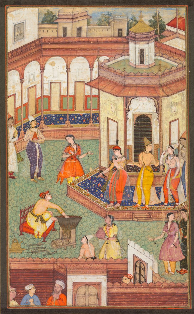 Un homme plonge sa main dans un chaudron alors que les dames du harem sont stupéfaites..., vers 1600 - Unbekannt