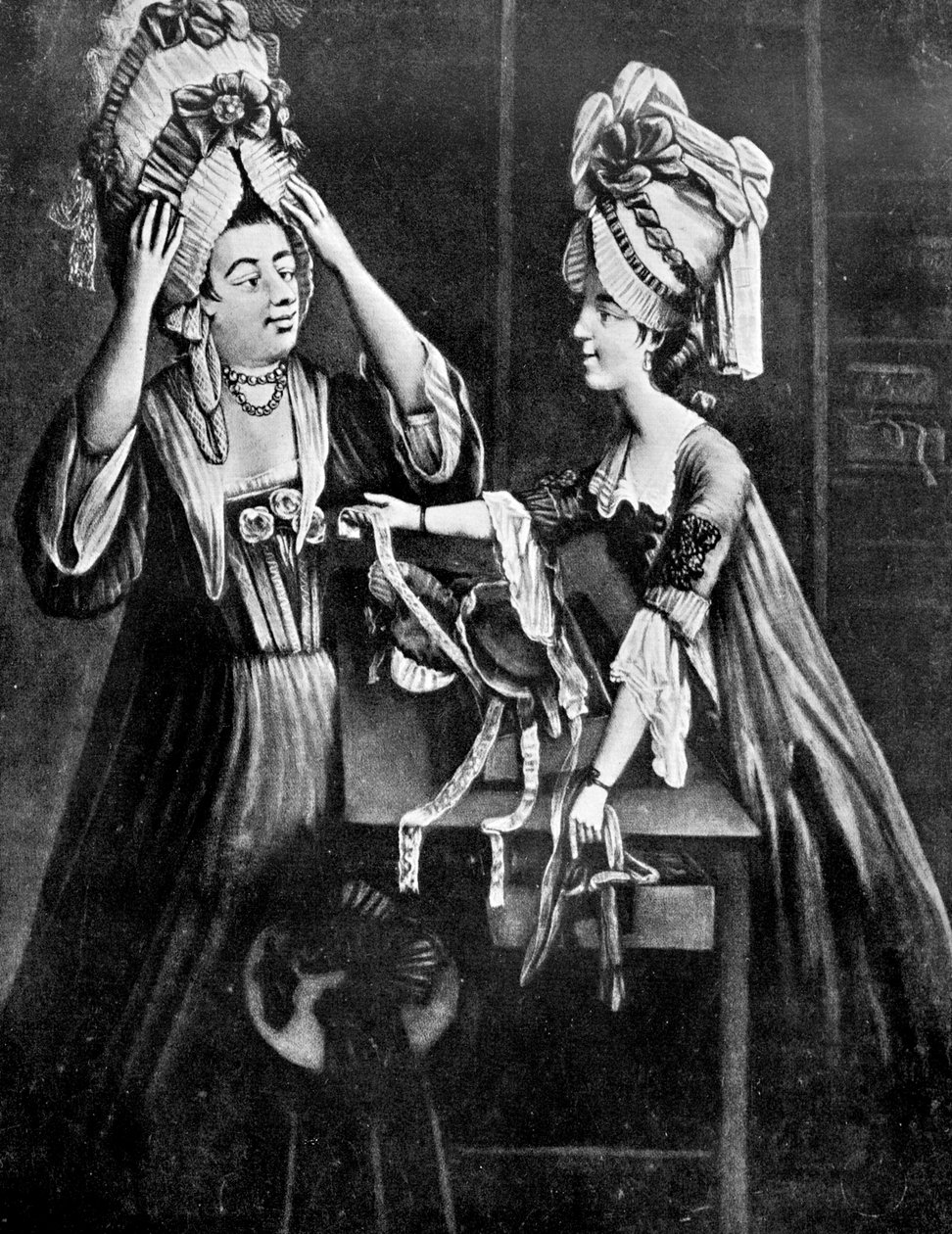 Boutique de modiste, Mme Monopolize, la femme du boucher, achetant une coiffe moderne, 1772 - Unbekannt
