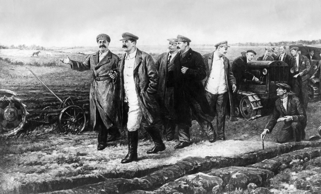 Peinture de K. Finogenov de J. V. Staline, G. K. Ordjonikidze, M. I. Kalinine, L. M. Kaganovich et A. A. Jdanov sur le champ expérimental de l