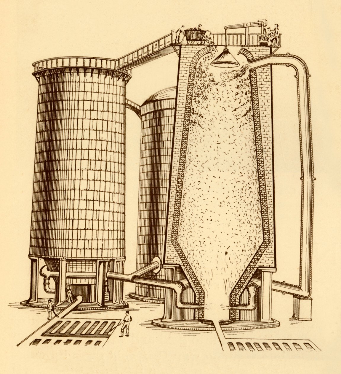 Ensemble de hauts fourneaux modernes montrés en section, vers 1930 - Unbekannt