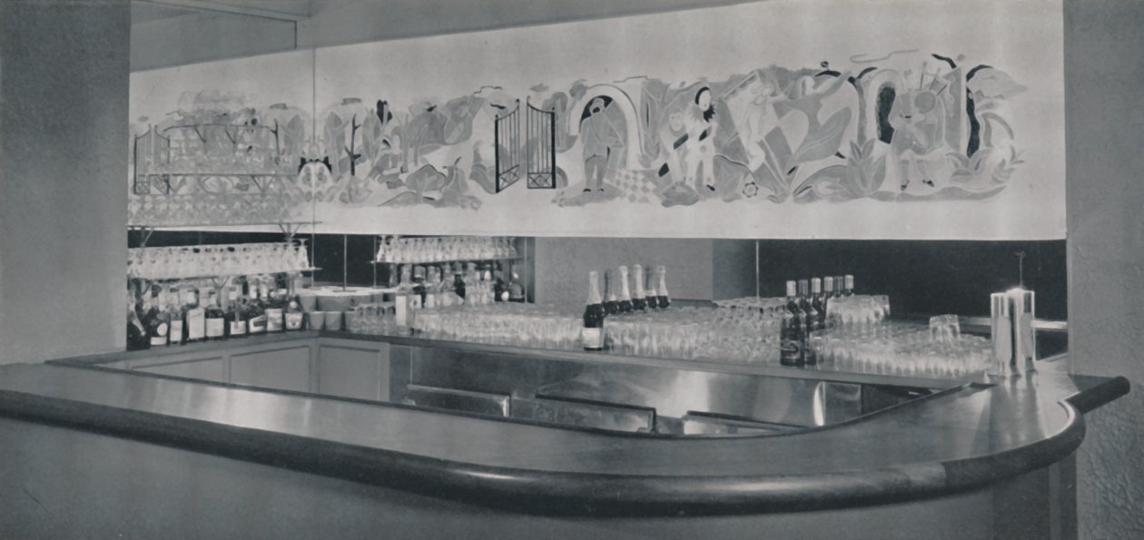 Fresque de bar à cocktails en linoléum sculpté et émaillé à l