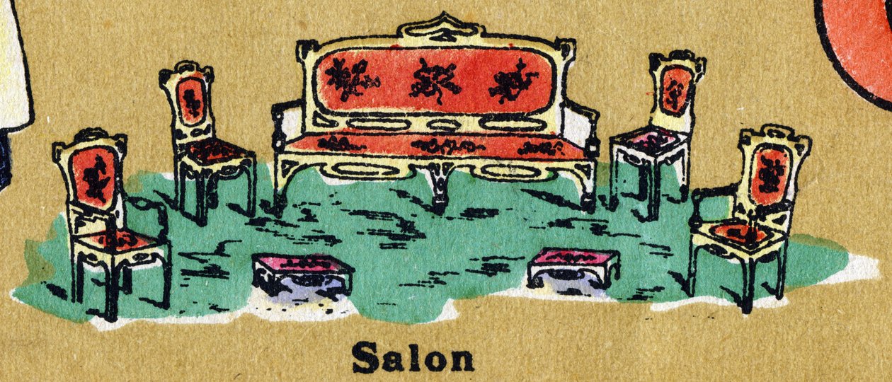 Un salon avec fauteuil, chaises et repose-pieds. Alphabet illustré. Imageries réunies à Jarville-Nancy, début du 20ème siècle. Dim: 40 x 29 cm - Unbekannt