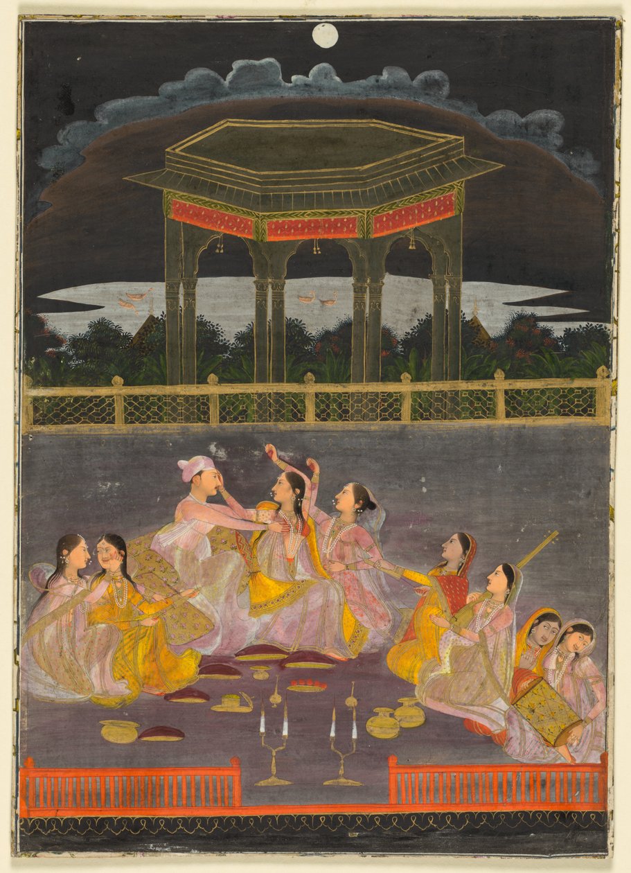 Un prince célébrant Holi avec des femmes du palais sur une terrasse la nuit, verso : calligraphie d