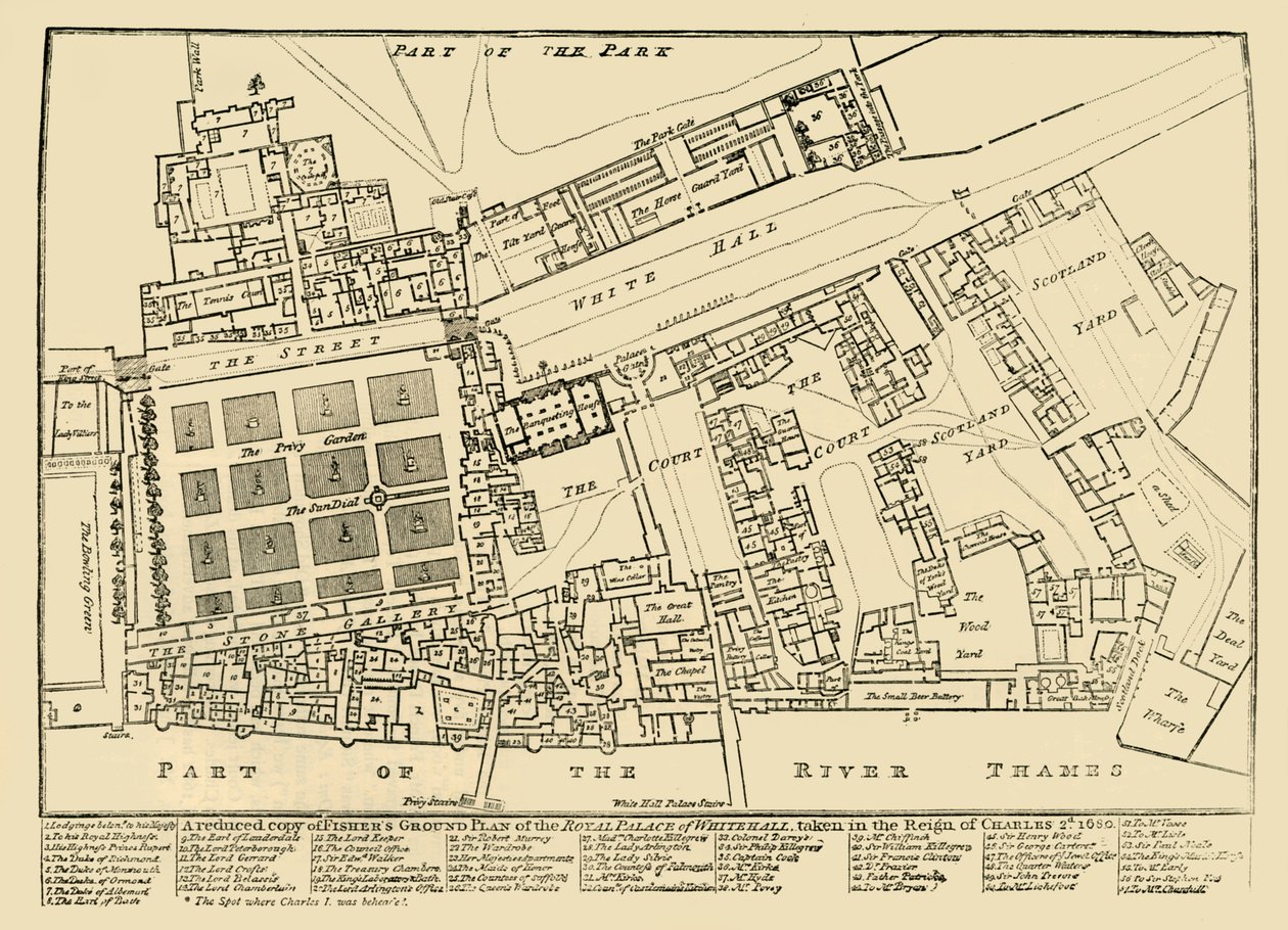 Copie réduite du plan au sol de Fisher du palais royal de Whitehall, 1680, 1881 - Unbekannt