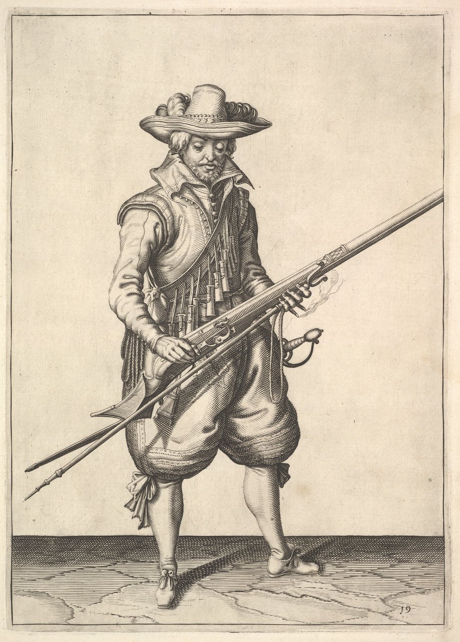 Un soldat secouant la poudre du haut de la poêle, de la série des Mousquetaires, planche 19 - Unbekannt