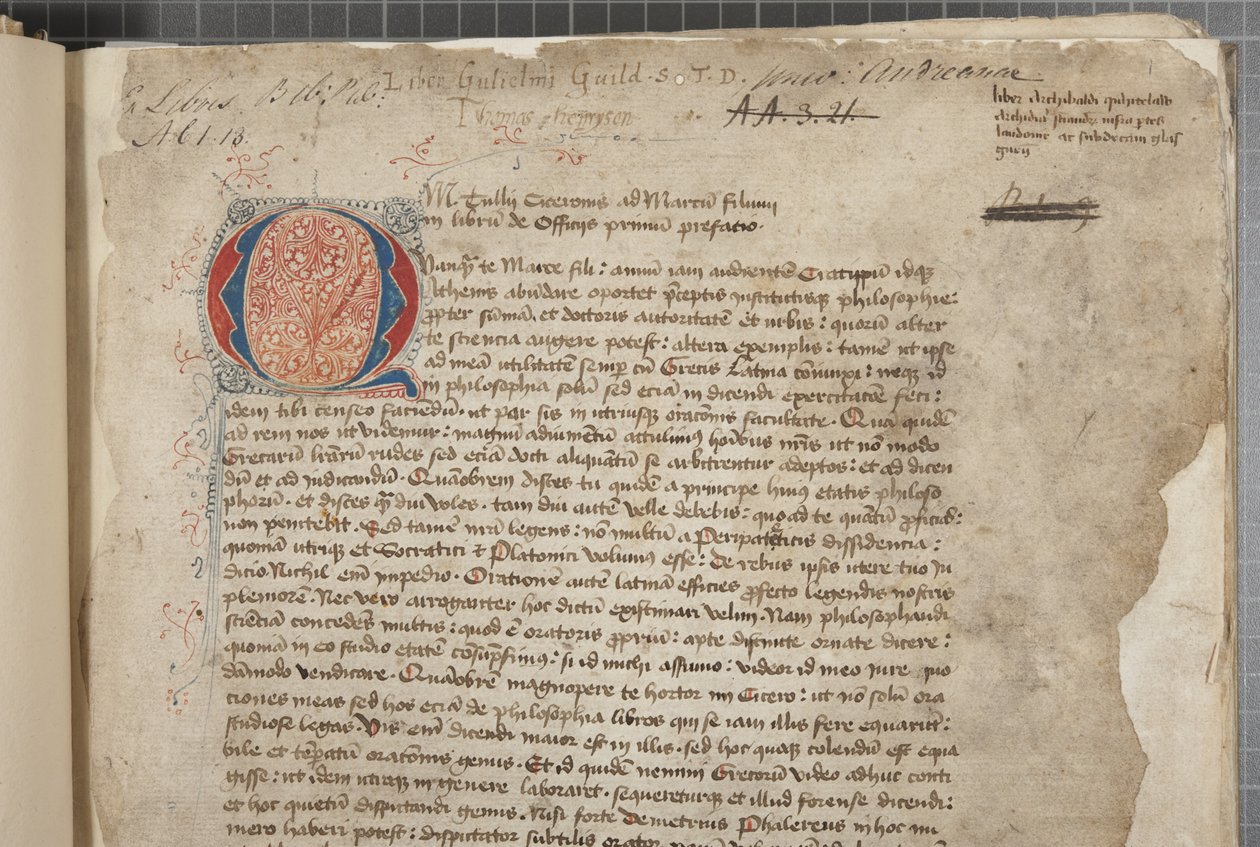 Transcription, en trois mains, des œuvres philosophiques de Marcus Tullius Cicero apparemment tirée de l