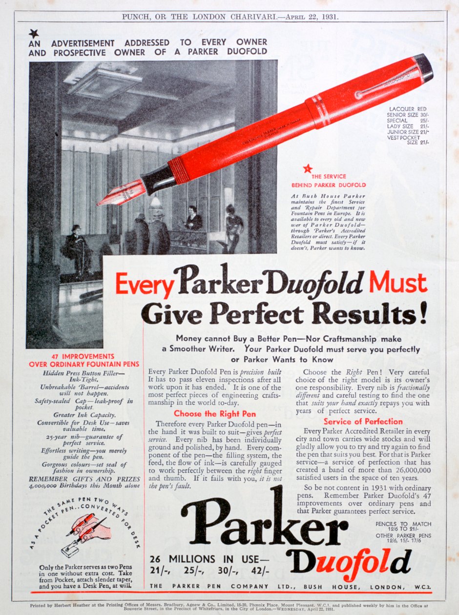 Publicité pour les stylos Parker, 1931 - Unbekannt