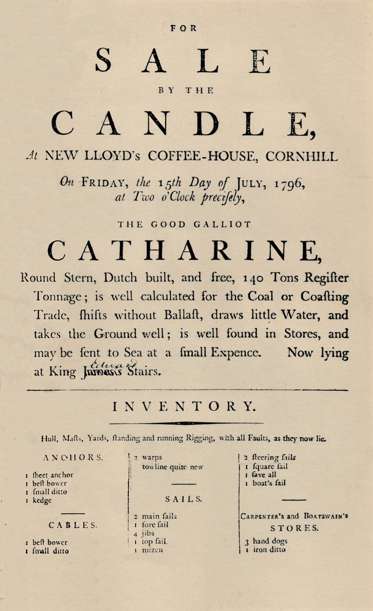 Annonce de vente par bougie chez Lloyds, 1796 - Unbekannt