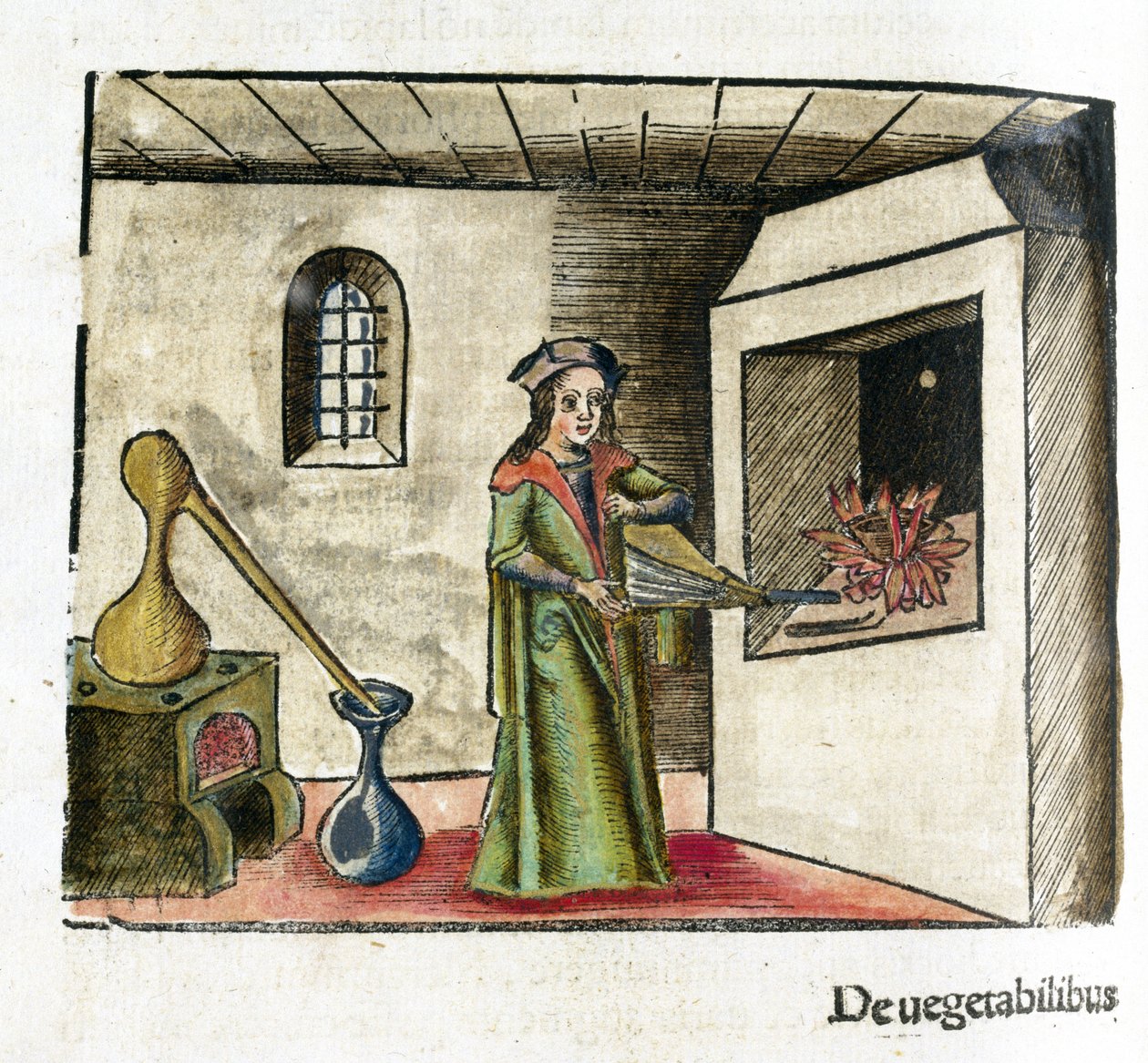 Alchimie XVIe siècle: un alchimiste au travail, activant un soufflet devant la cheminée de son atelier, derrière lui, un poêle et un alambic - Unbekannt
