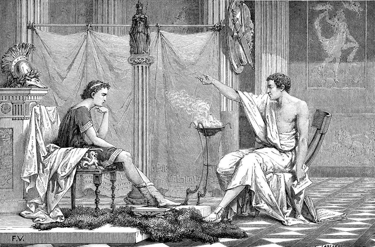 Alexandre le Grand 356-323 av. J.-C. en tant que jeune homme, écoutant son tuteur Aristote, vers 1875 - Unbekannt