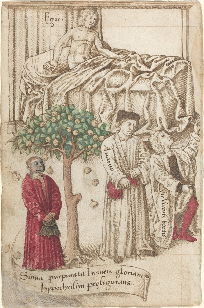 Un singe en violet avec un homme malade, un homme bon et un avare [fol. 36 verso], vers 1512-1515 - Unbekannt