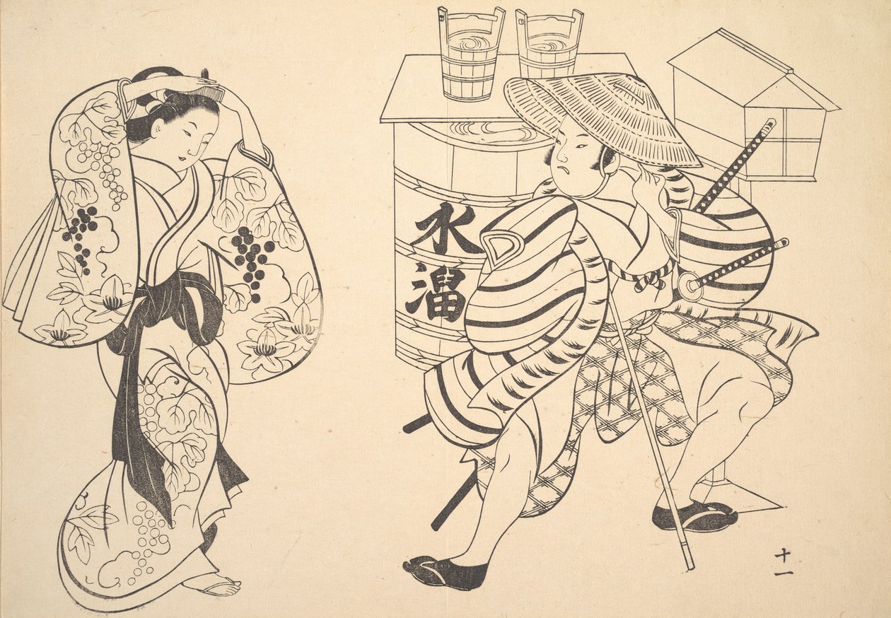 Une Oiran réarrangeant ses cheveux dans la rue tandis qu