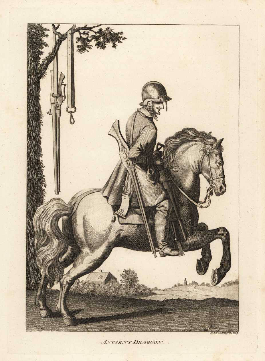 Ancien dragon à cheval avec casque, mousquet et corne à poudre - Unbekannt