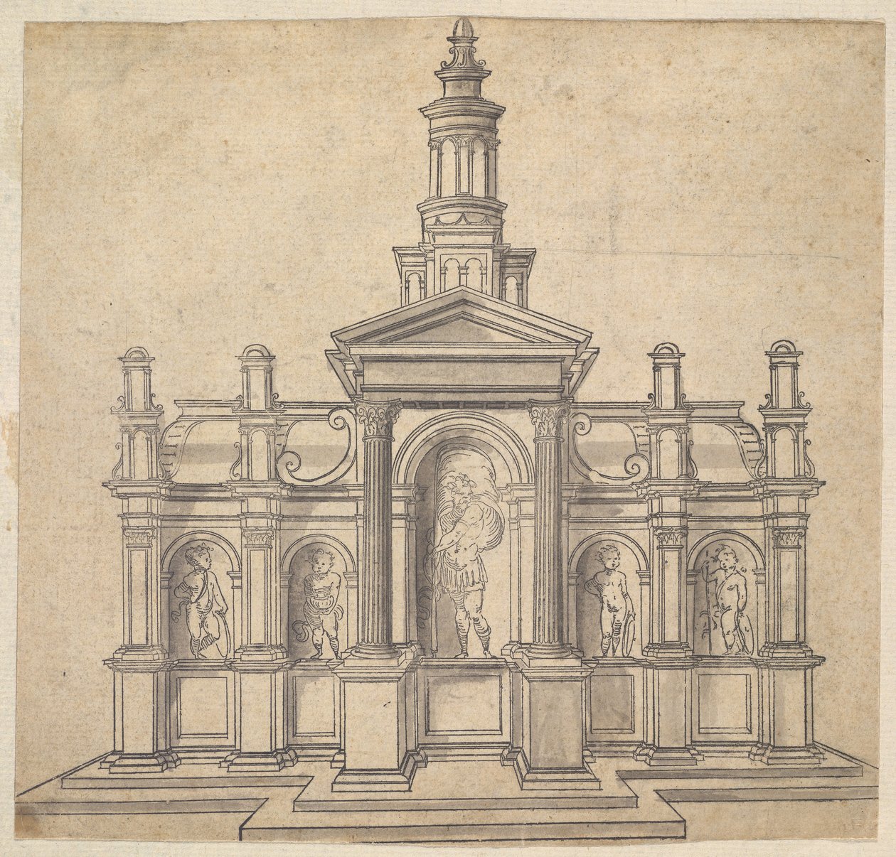 Tabernacle en forme architecturale avec un saint et quatre putti, vers 1530-49 - Unbekannt