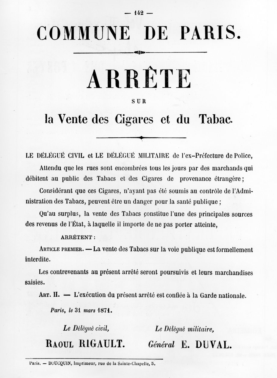 Arrêté sur la vente des cigares et du tabac, des affiches politiques françaises de la Commune de Paris - Unbekannt