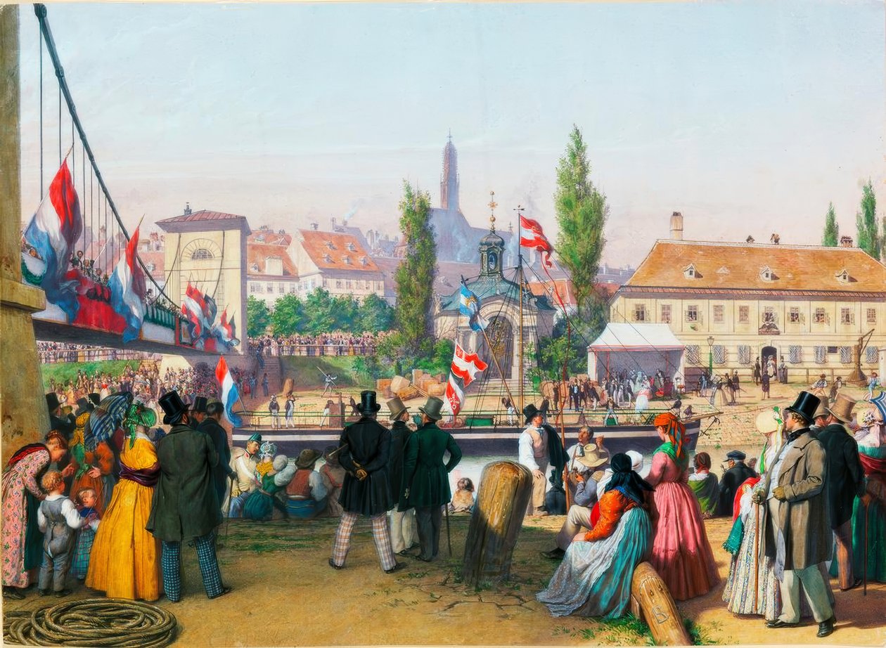 Arrivée du bateau à vapeur à la station sur le canal du Danube, Vienne, 1845 - Unbekannt