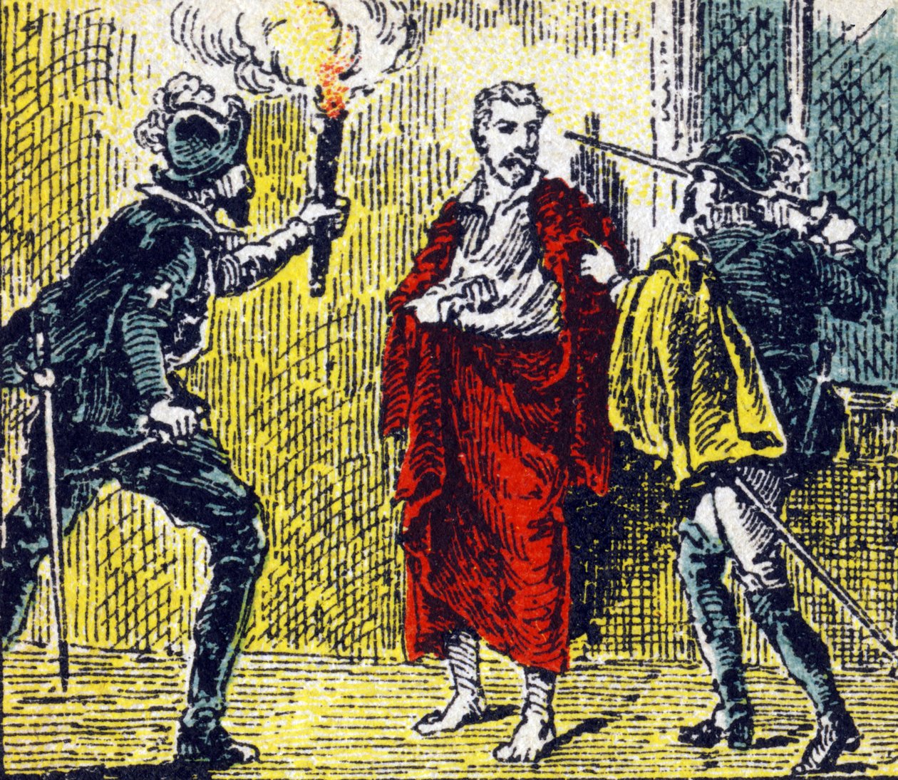 Assassinat de Gaspard de Coligny lors des massacres de la Saint-Barthélemy par un dénommé Besme le 24 août 1572. Gravure dans "Histoire de France". Série d