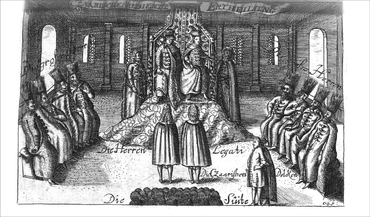 Audience avec Ivan V, Pierre I et Sophia Alekseyevna de Georg Adam Schleissing Derer beyden Czaaren in Reussland..., 1693 - Unbekannt
